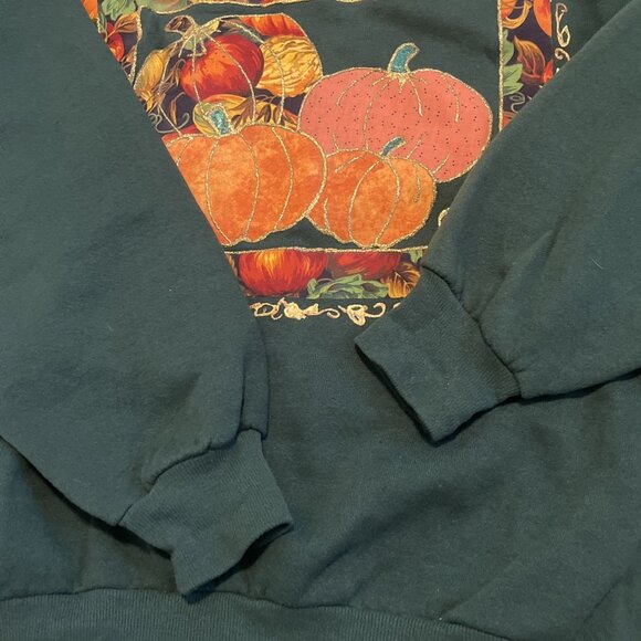 Vintage Jerzees Pumpkin Fall Sweatshirt SZ XL Green Leaves Border Glitter USA - Picture 7 of 11